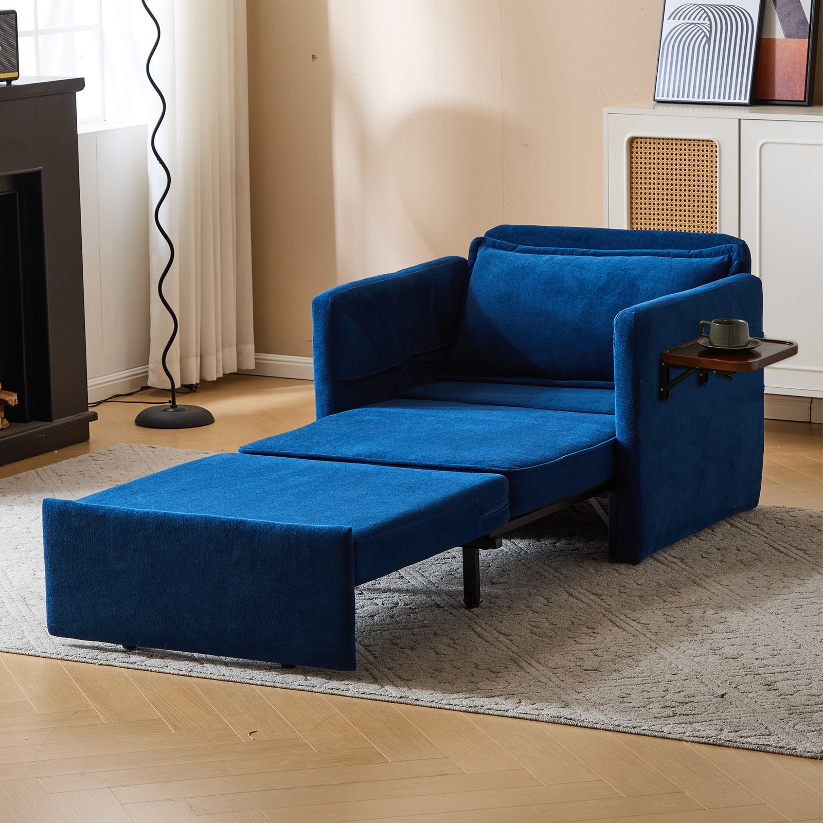 Sleeper Chair Bed, 3-in-1 Convertible Sofa Bed Pull-out Sofa Bed, Convenient Folding Tray Table With USB And Type-C Charging Ports,Blue,Leather_voghion.com